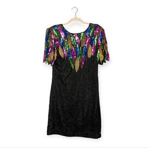 Vintage Mark & John by Gopal Black Multicolor Beaded Sequin Silk Dress Size M
